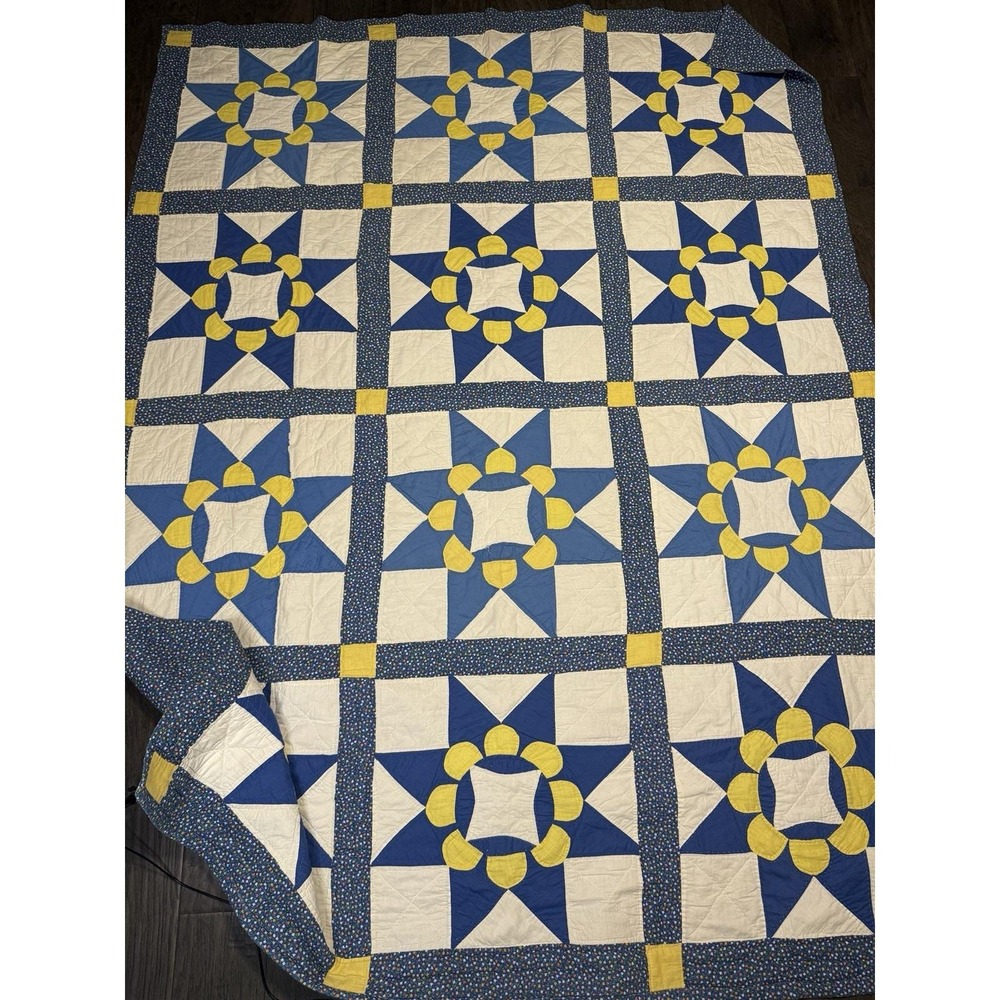 Vintage Quilt Star Pattern Blue Yellow Hand Stitched 93" x 71" Large Beautiful